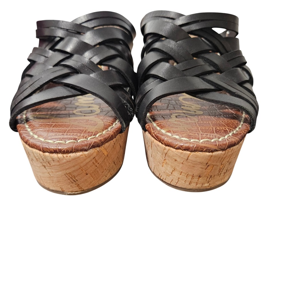 Sam Edelman Black‎ Leather Strappy Cork Wedge Platform Sandals Womens 8 - Picture 2 of 8